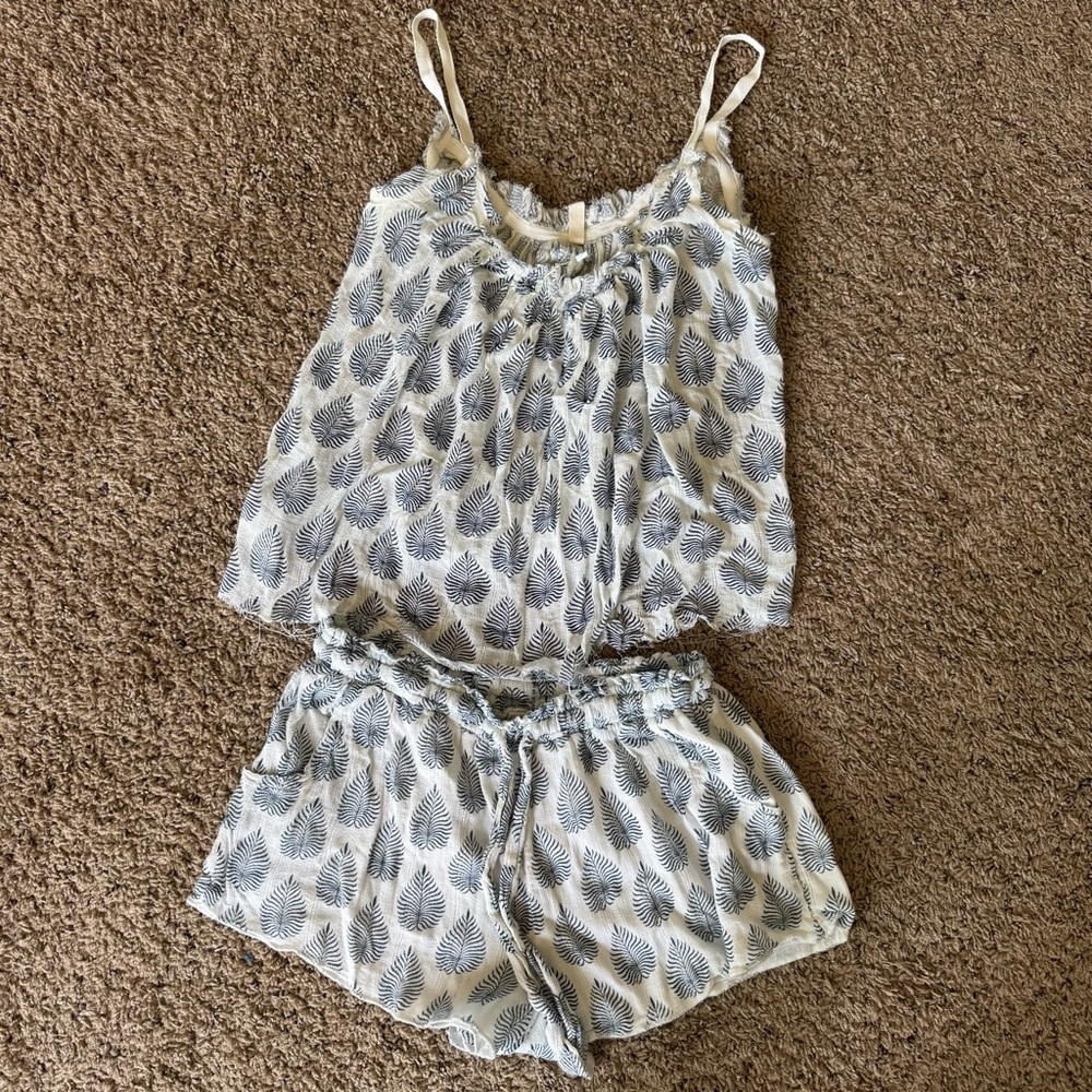 Elan Tank and Short Set, Blue and White Leaf, Medium